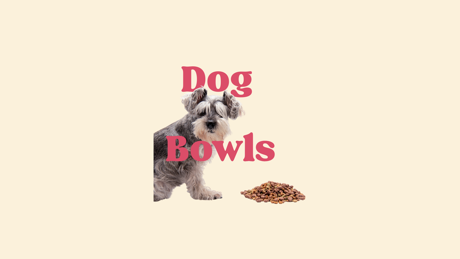 miniature schnauzer sitting in front of a pile of fog food with the words dog food are to the fight of the dog and above the dog food the back ground is a very soft yellow 